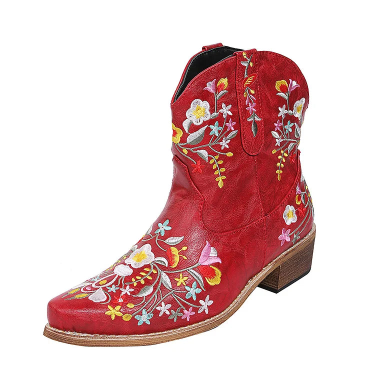 Floral Embroidery Pointed Toe Patchwork Chunky Heel Cowgirl Boots