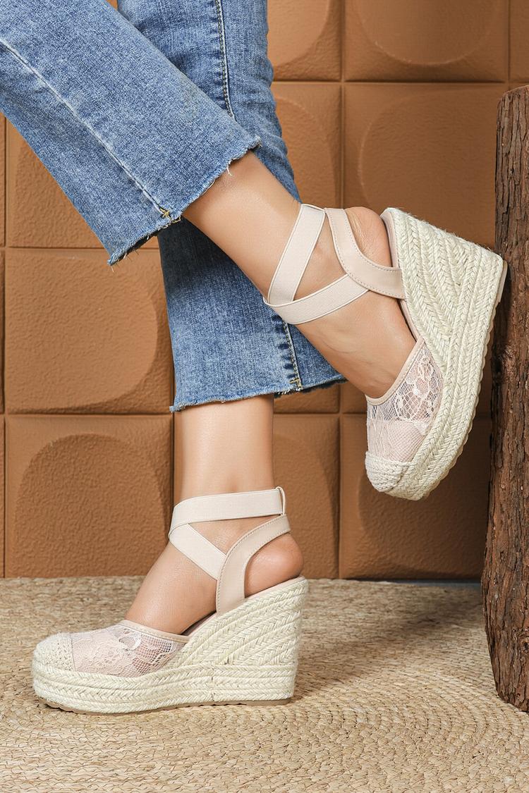 Sandali casual con zeppa, punta rotonda, cinturino incrociato e patchwork in pizzo 