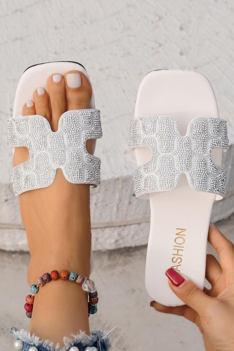 Pantuflas de playa informales con punta cuadrada y decoración de diamantes de imitación recortados 