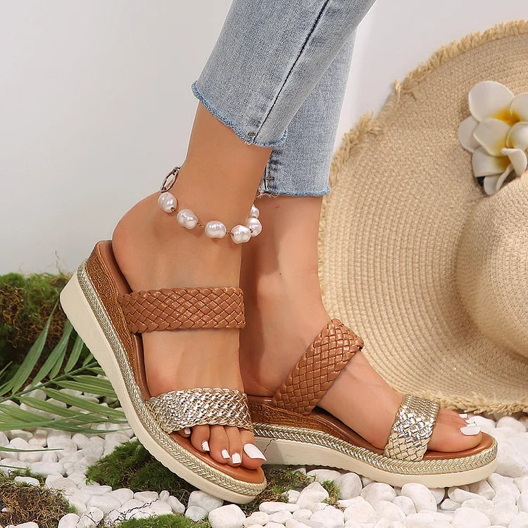 Colorblock Woven Instep Strap Open Toe Casual Wedge Slippers