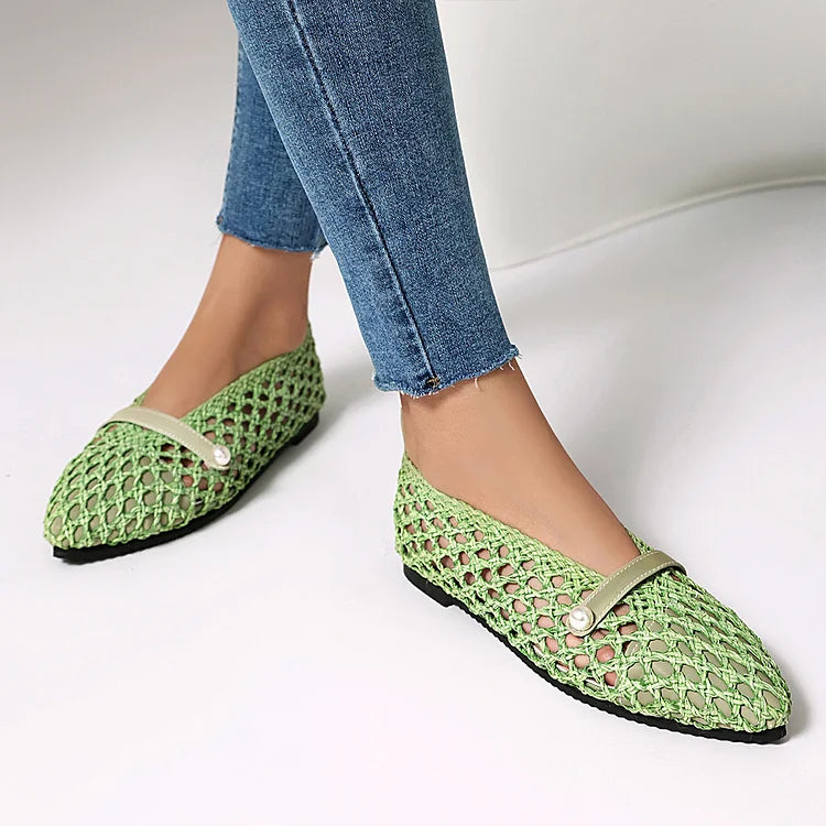 Patchwork Hollow Out Fishnet Instep Strap Pointed Toe Flats