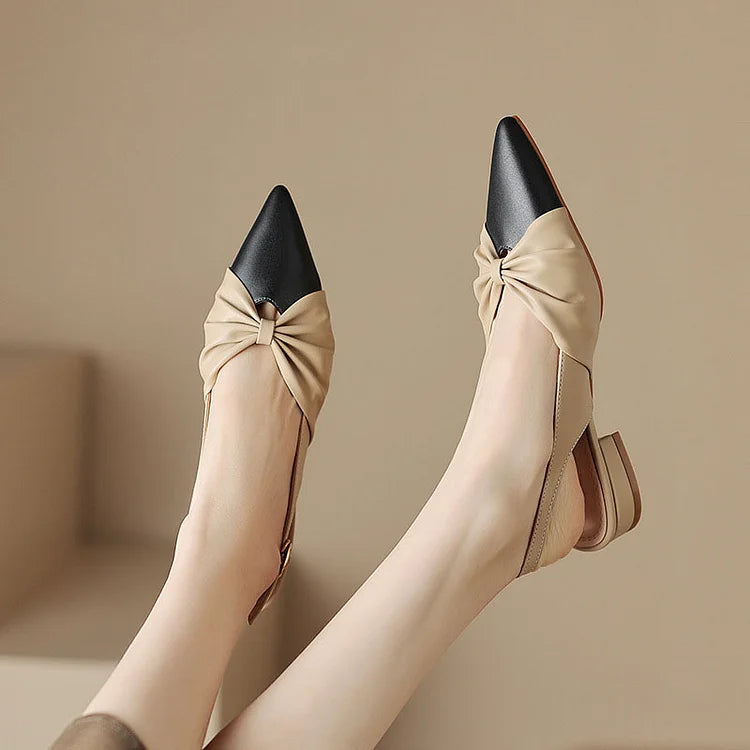 Bow Metallic Sheen Stitching Slingback Pointy Toe Flats