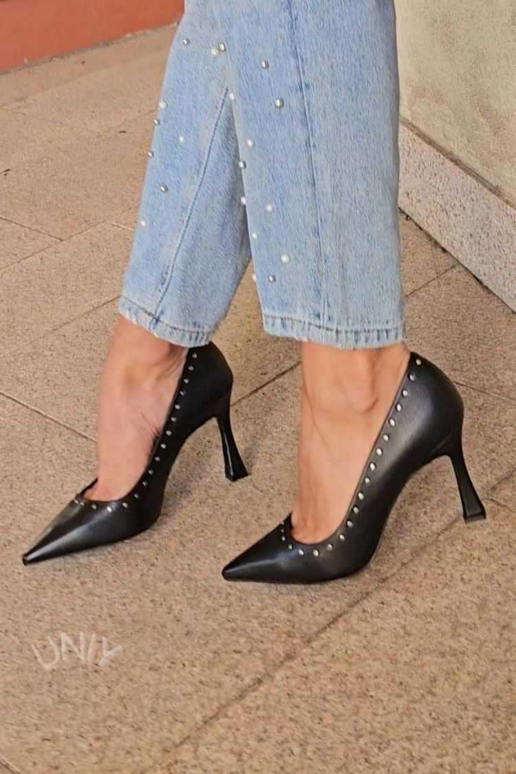 Chic Black Leather Pointed Toe Studded Stiletto High Heels [Pre Order]