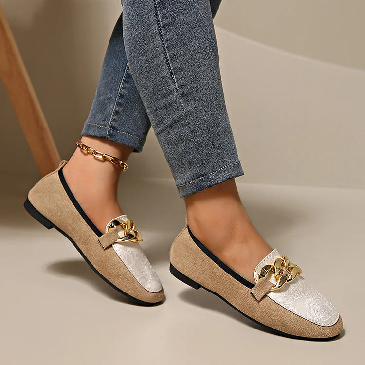 Floral Jacquard Patchwork Metal Chain Decor Round Toe Loafers