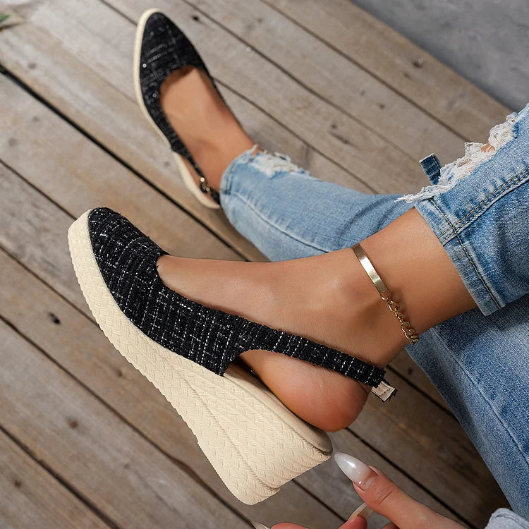 Raw Trim Pointed Toe Slingback Strap Buckle Wedge Sandals