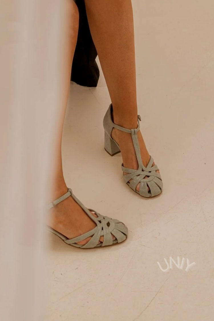 Retro groene sandalen met krokodillenprint, T-band en blokhak [Pre Order]