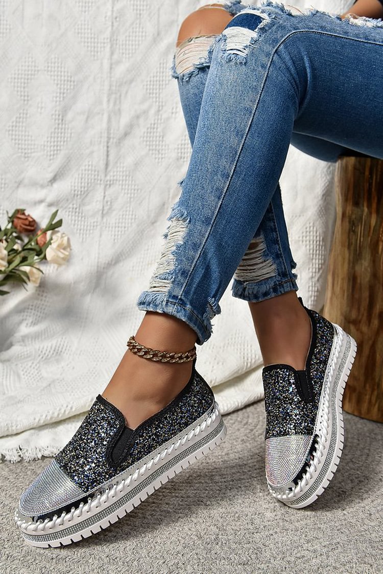 Rhinestone Decor Glittering Stitch Detail Round Toe Loafers