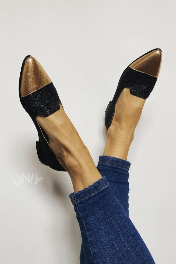Metallic Gold Cap Toe Black Shimmer Pointed Loafers [Pre Order]