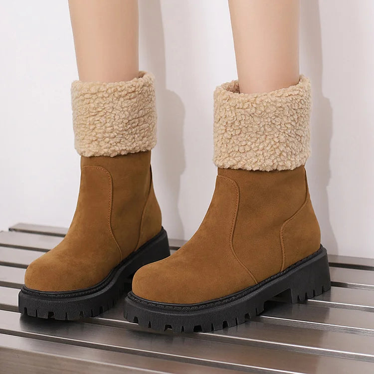 Patchwork Fluffy Trim Round Toe Chunky Heel Pull On Snow Boots