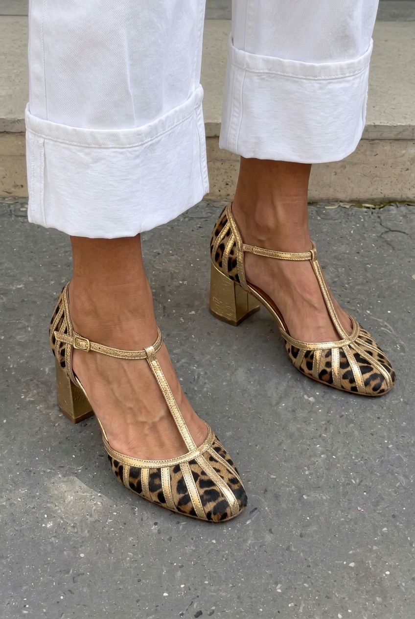 Striped T-Strap Round Toe Block Heel Pumps [Pre Order]