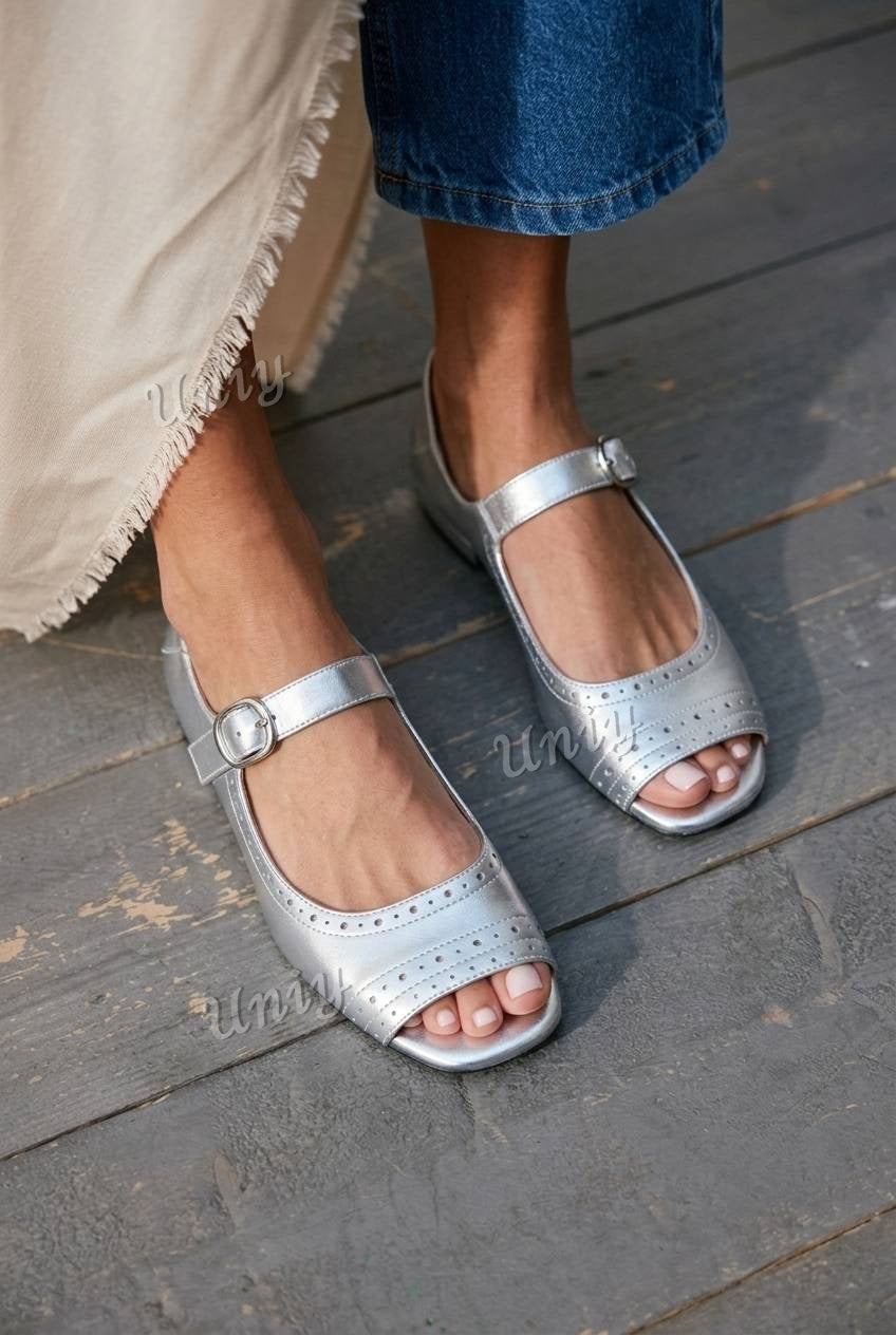 Perforated Mary Jane Peep Toe Flat Sandals [Pre Order]