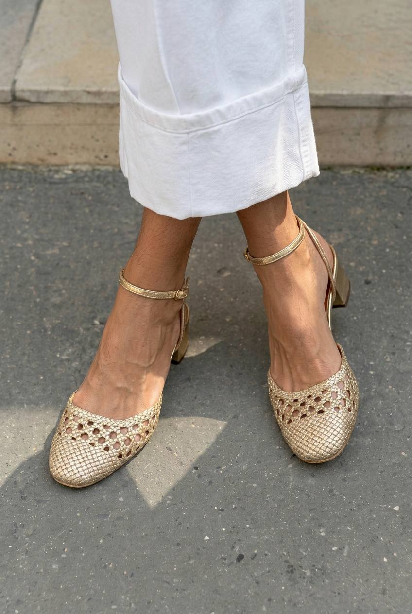 Woven Hollow Round Toe Ankle Strap Block Heels [Pre Order]