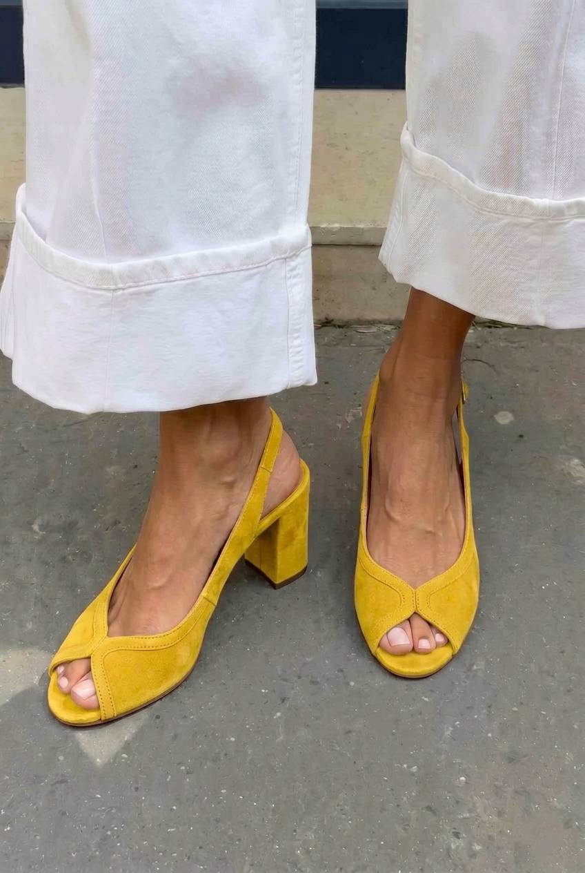 Suede Slingback Peep Toe Block Heel Sandals