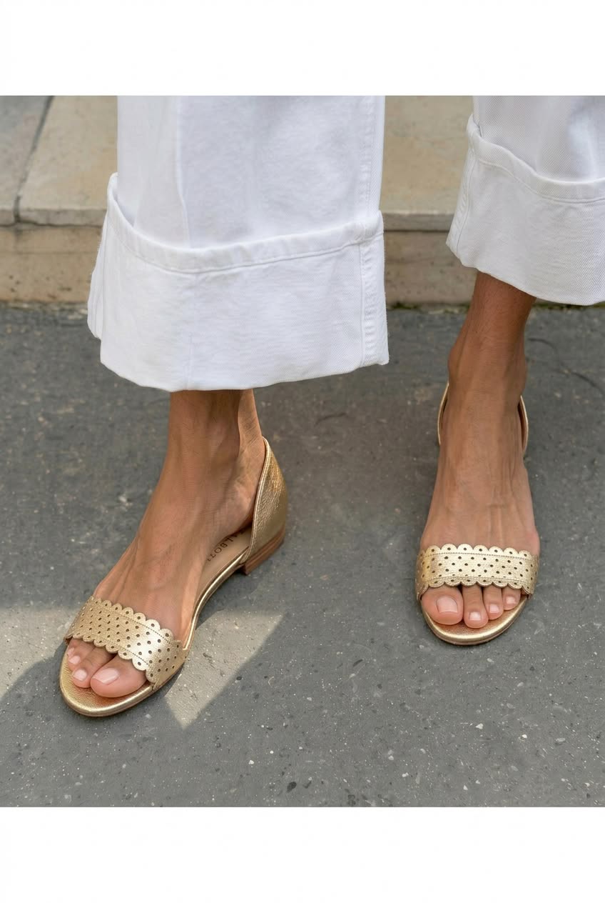 Scalloped Perforated Open Toe Flat Casual Sandals [Pre Order]