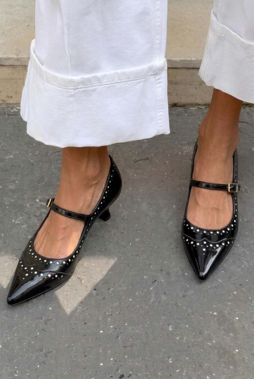 Studded Patent Pointed Toe Buckle Kitten Heels [Pre Order]
