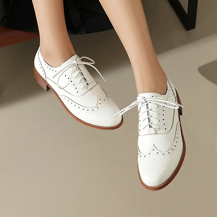 Patchwork Solid Color Round Toe Low Block Heel Lace Up Brogue Oxfords