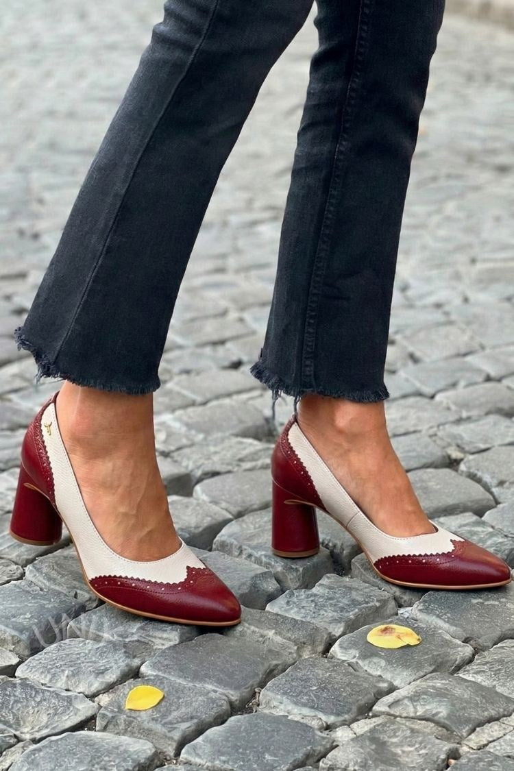 Elegant Burgundy Cream Leather Pointed Toe Block Heels [Pre Order]