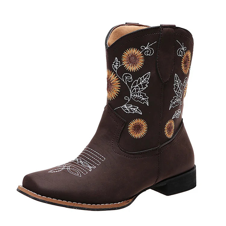 Sunflower Embroidery Stitch Detail Square Toe Cowgirl Boots