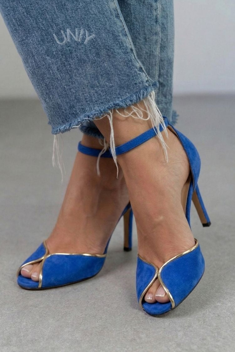 Scarpe con tacco a spillo peep toe in pelle scamosciata blu reale con bordi dorati [Pre-ordine]