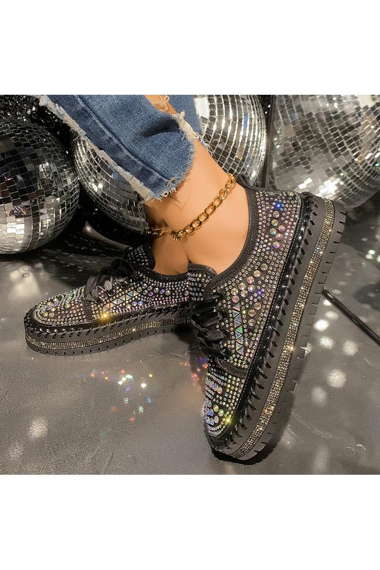 Sneakers casual con plateau e lacci, punta rotonda, decorazioni geometriche in strass 