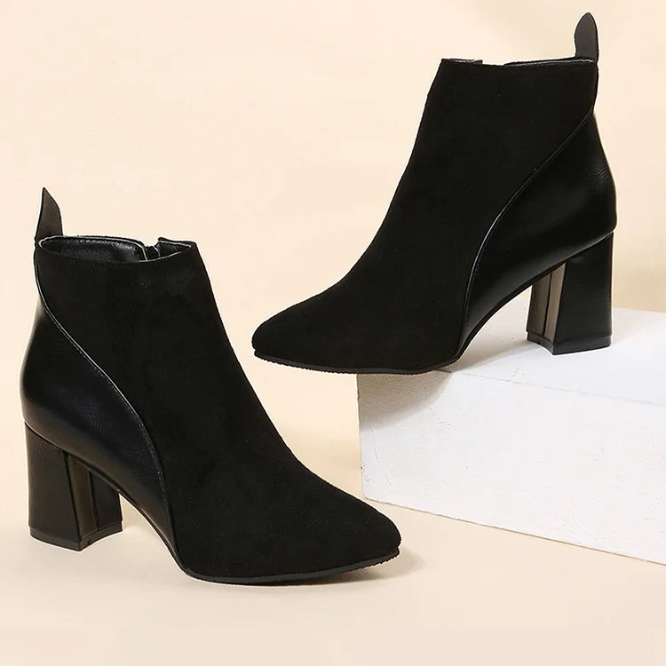 Patchwork Pointed Toe Chunky Heel Zipper Ankle Boots