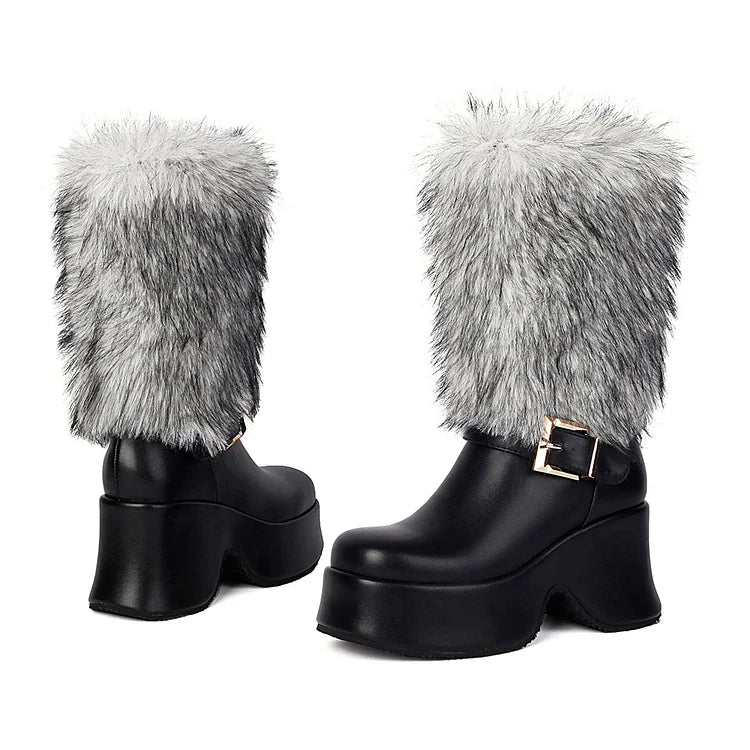 Strap Buckle Decor Faux Fur Round Toe Chunky Heel Platform Mid Boots