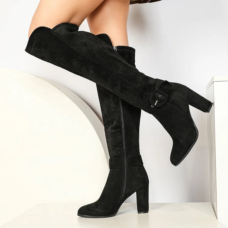 Strap Buckle Decor Irregular Edge Pointed Toe Chunky Heel Knee High Boots