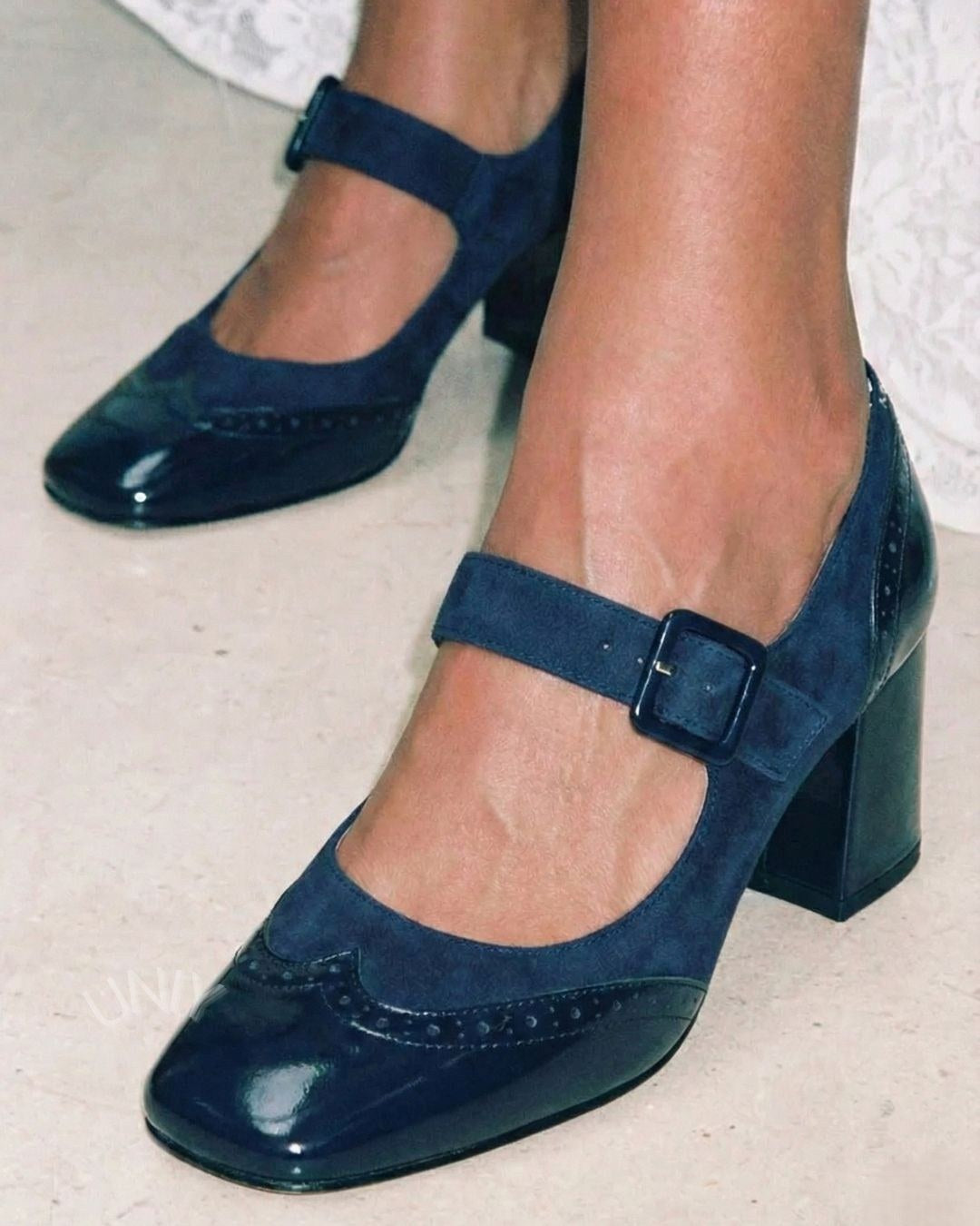 Chic Navy Color Block Round Toe Ankle Strap Stable Heels