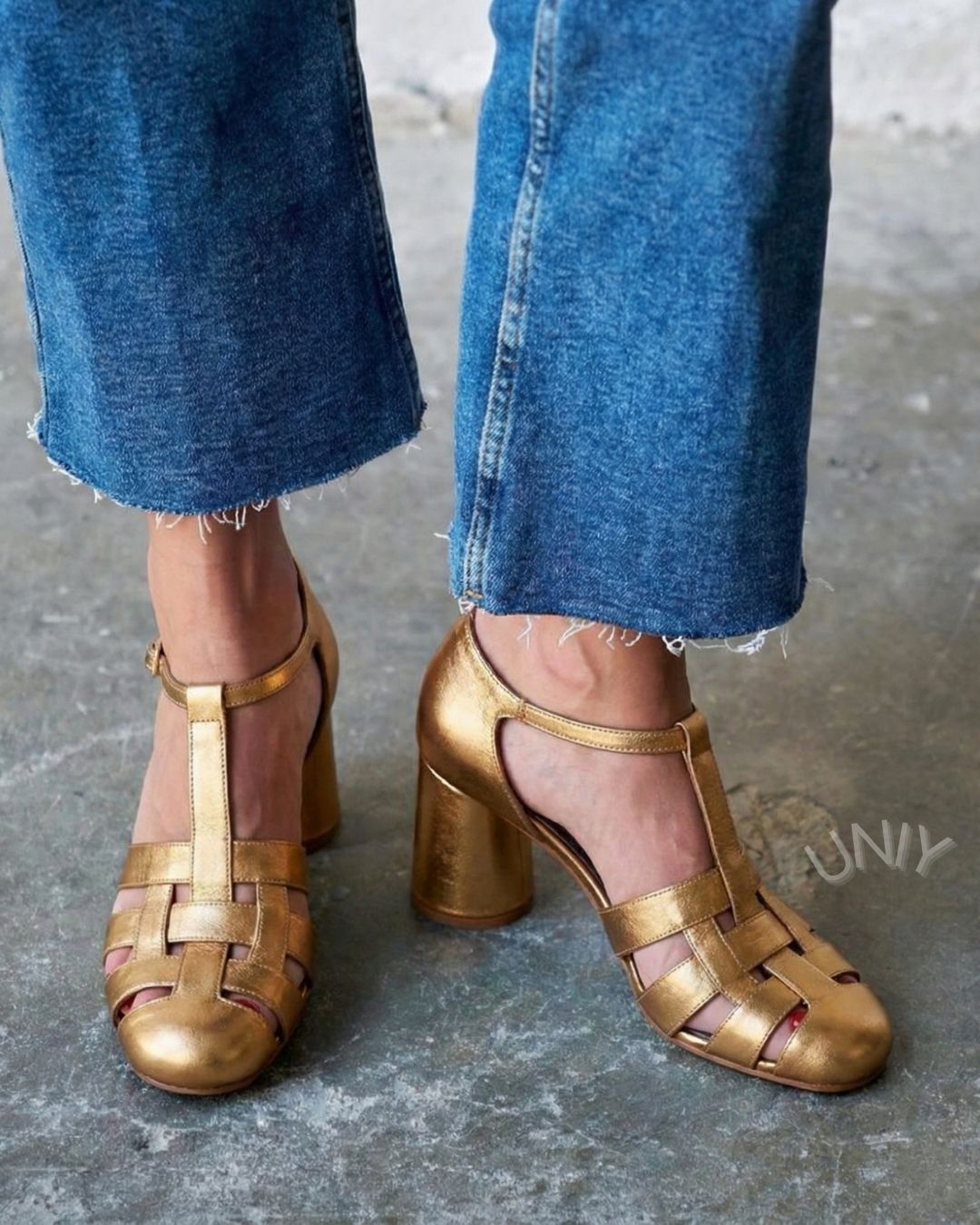 Gold T-Strap Woven Caged Round Toe Block Heel Retro Sandals [Pre Order]