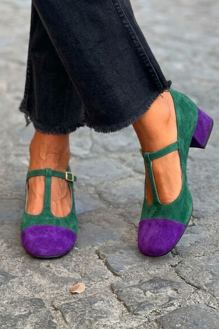 Patchwork T-Strap Buckle Round Toe Red Chunky Heels