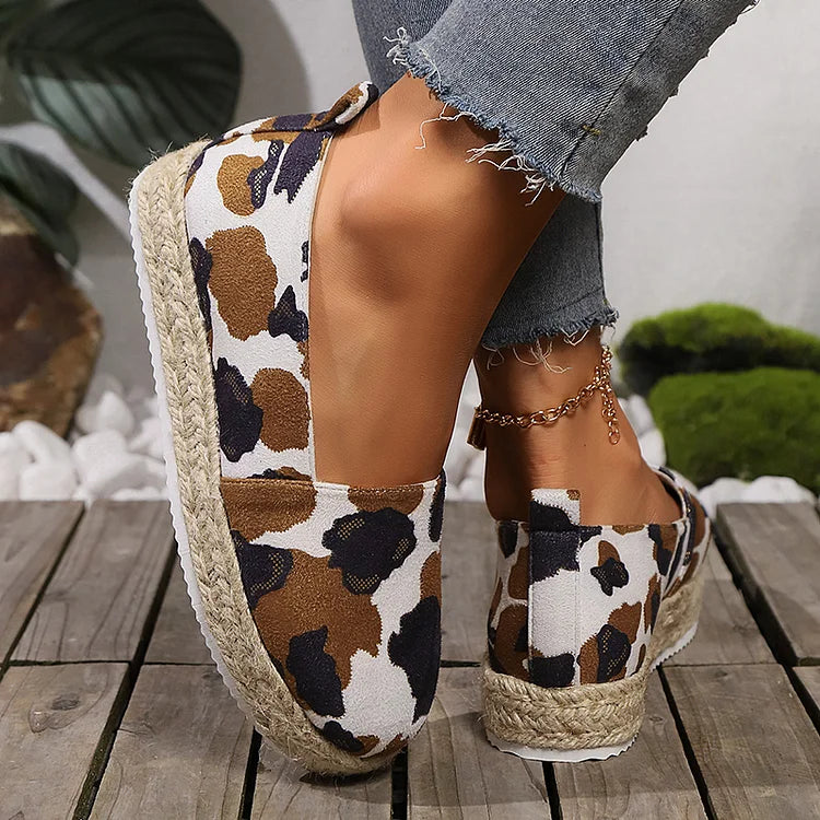 Leopard Pattern Print Low-Top Round Toe Platform Espadrille Loafers