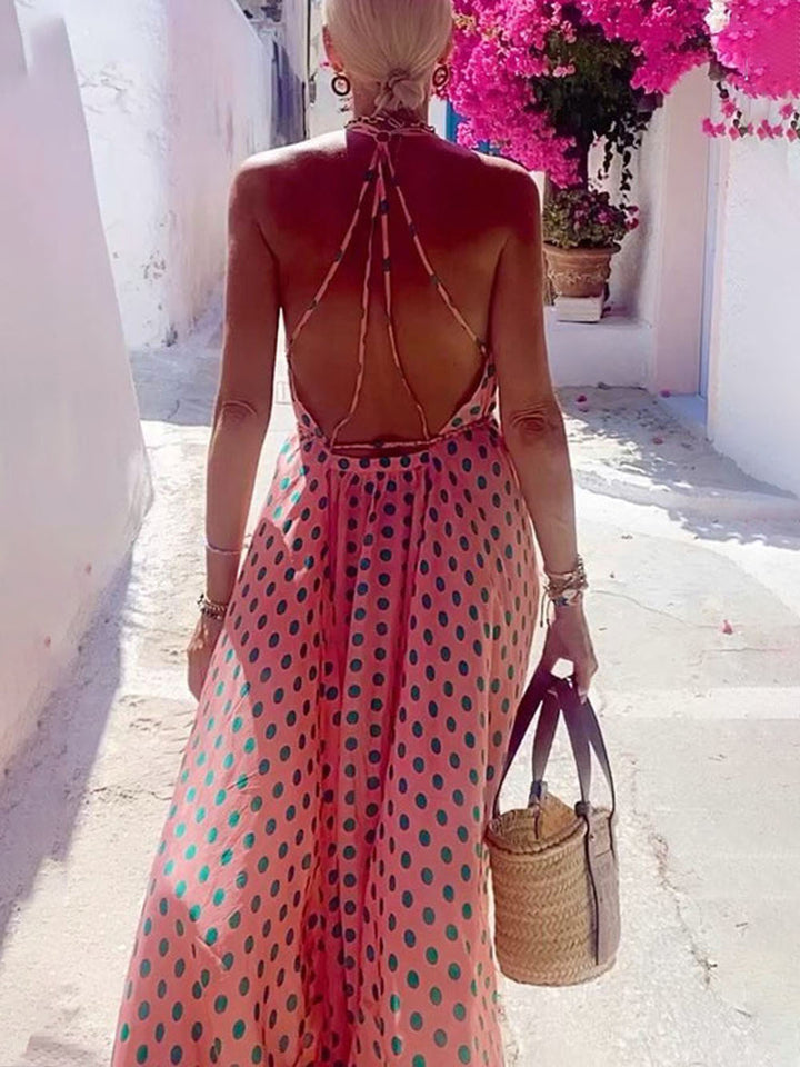 Vestido maxi com estampa de bolinhas nas costas e amarração nas costas