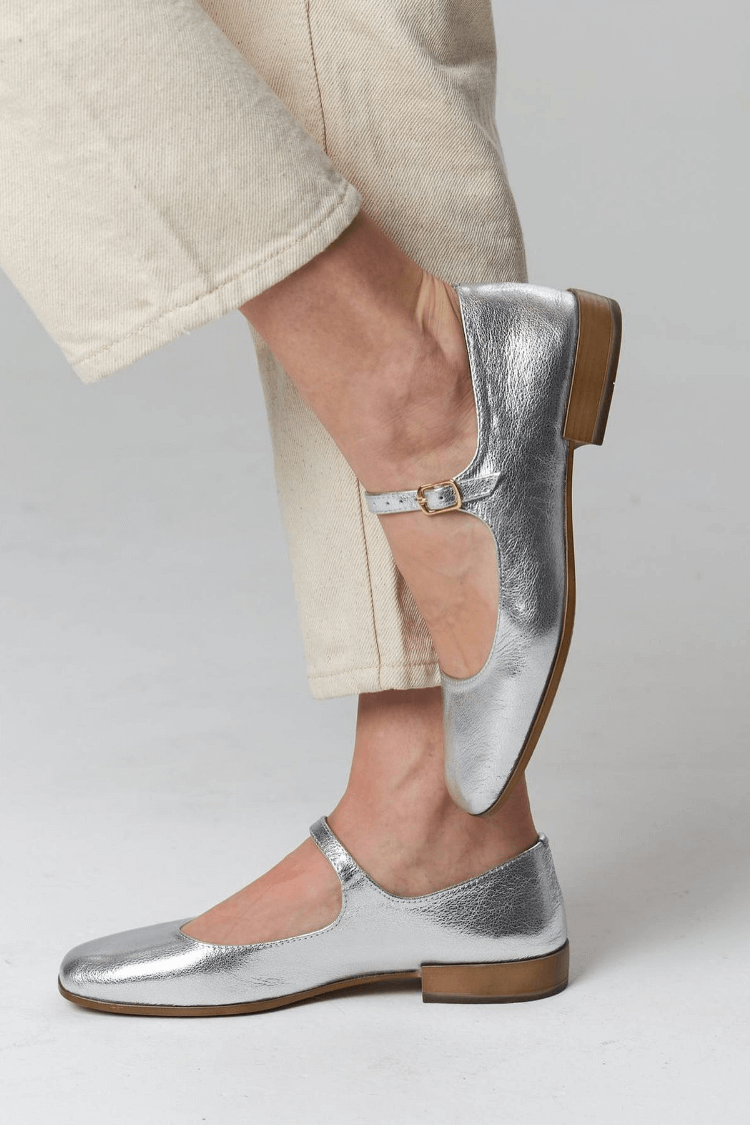 Shimmering Metallic Silver Buckle Strap Square Toe Flats