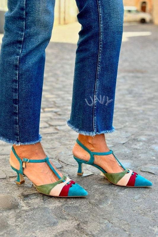 Multi Color Block Suede Pointed Toe T-Strap Kitten Heels [Pre Order]