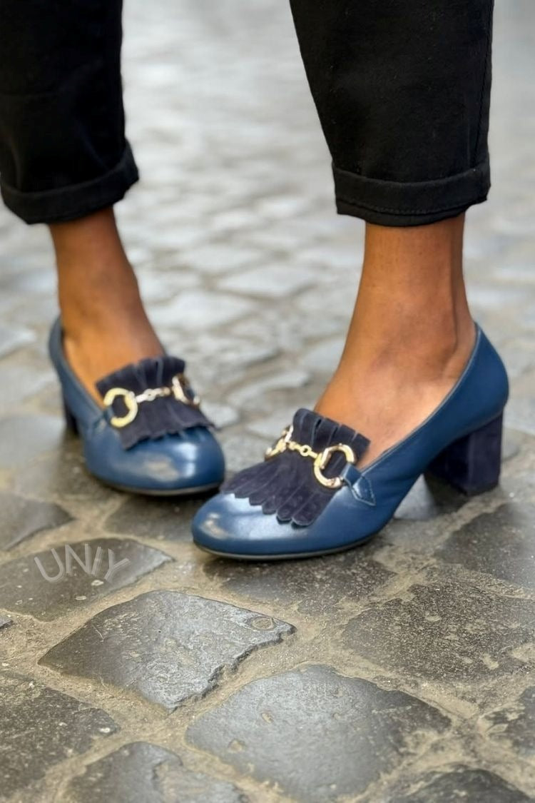 Solid Color Faux Suede Horsebit Fringe Versatile Block Heels [Pre Order]