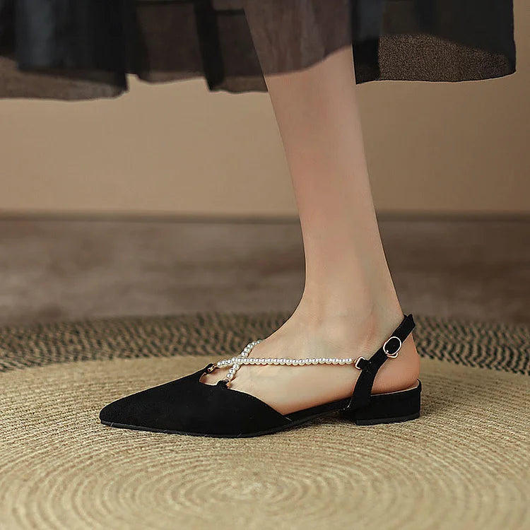 Criss-Cross Pearl Trim Strap Pointy Toe Matte Flats