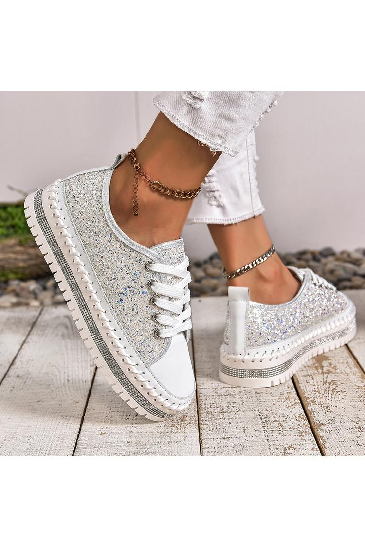 Sneakers casual con lacci e punta tonda con patchwork scintillante e dettagli cuciti 