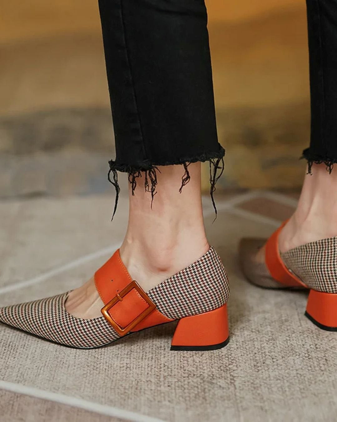 Hahnentritt Patchwork Spitz zulaufende Zehe Breite Schnalle Blockabsätze [Vorbestellung]