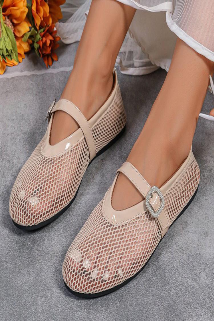 Scarpe basse casual con punta tonda traforata, cinturino sul collo del piede, fibbia e patchwork 