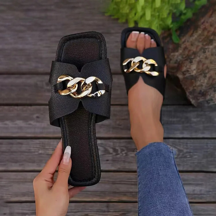 Metal Chain Decor Snake Print Cutout Square Toe Slippers