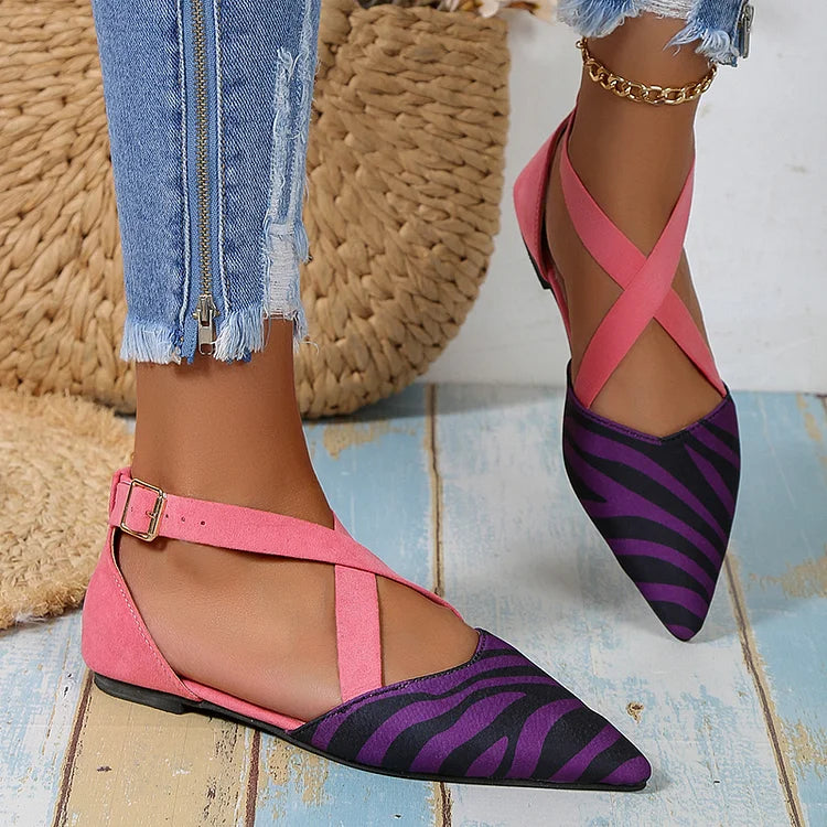 Zebra Print Pointed Toe Colorblock Cross Strap Buckle Flats