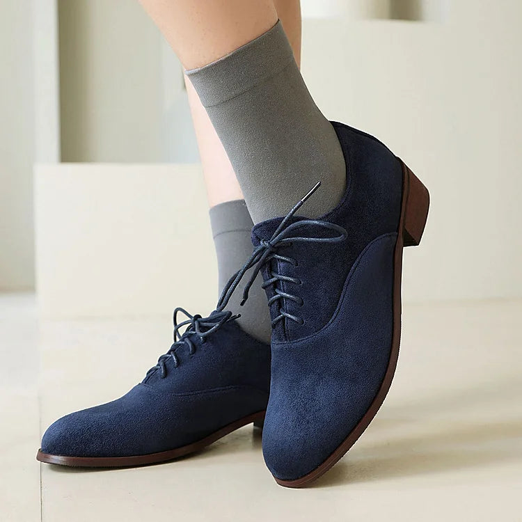 Oxfords con punta tonda, tacco basso e lacci, patchwork con stampa leopardata 