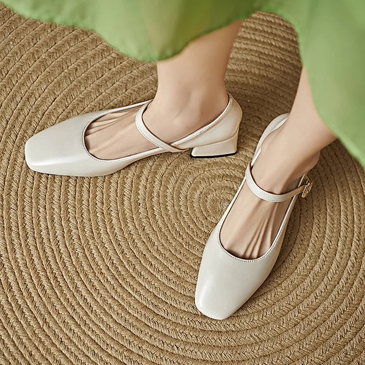 Instep Strap Buckle Metallic Sheen Square Toe Chunky Heels