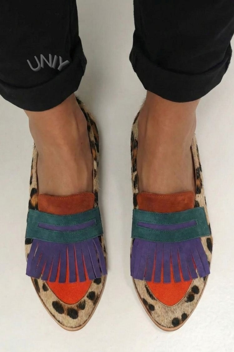 Mocassins Retrô com Estampa de Onça, Franjas Multicoloridas e Salto Baixo [Pré-venda]