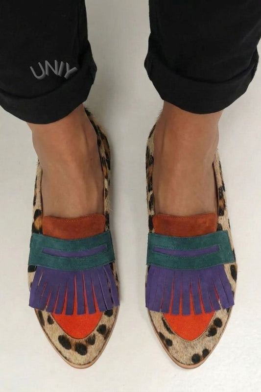 Retro Leopard Print Multi Color Fringe Flat Fashion Loafers [Pre Order]