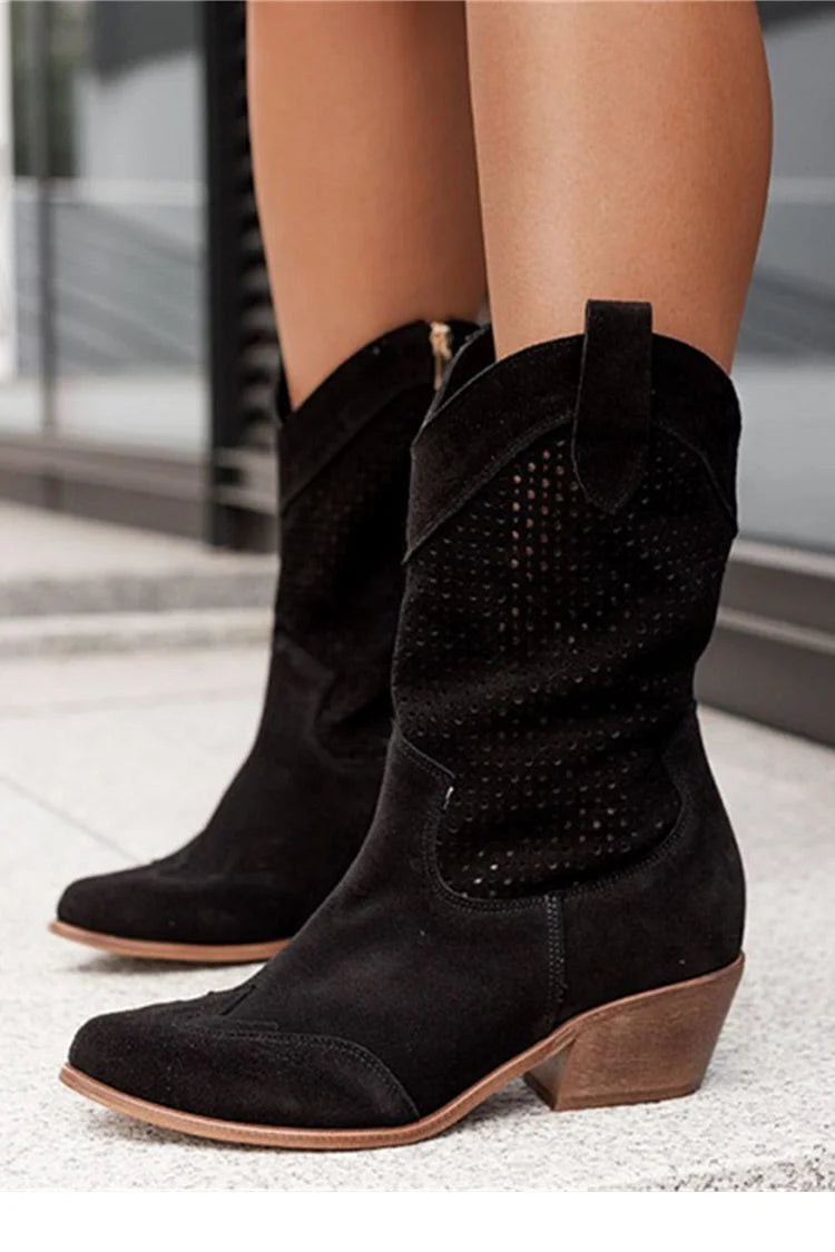 Hollow Out Patchwork Pointed Toe Chunky Heel Mid Boots