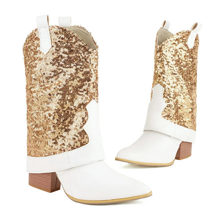 Sequins Decor Fold Over Pointed Toe Chunky Heel Western Boots