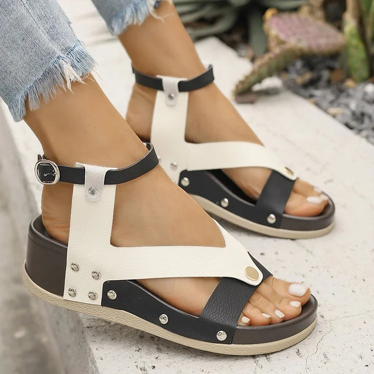 Leopard Print Metal Rivets Ankle Strap Buckle Round Toe Wedge Sandals