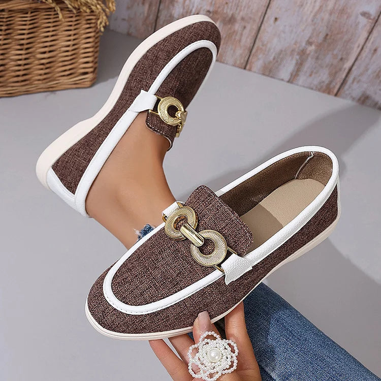 Contrast Binding Buckle Decor Round Toe Casual Loafers