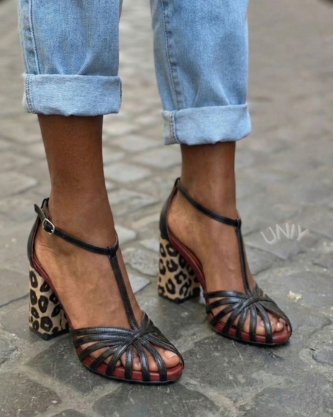 Classic Black Woven T-Strap Leopard Print Block Heel Sandals [Pre Order]